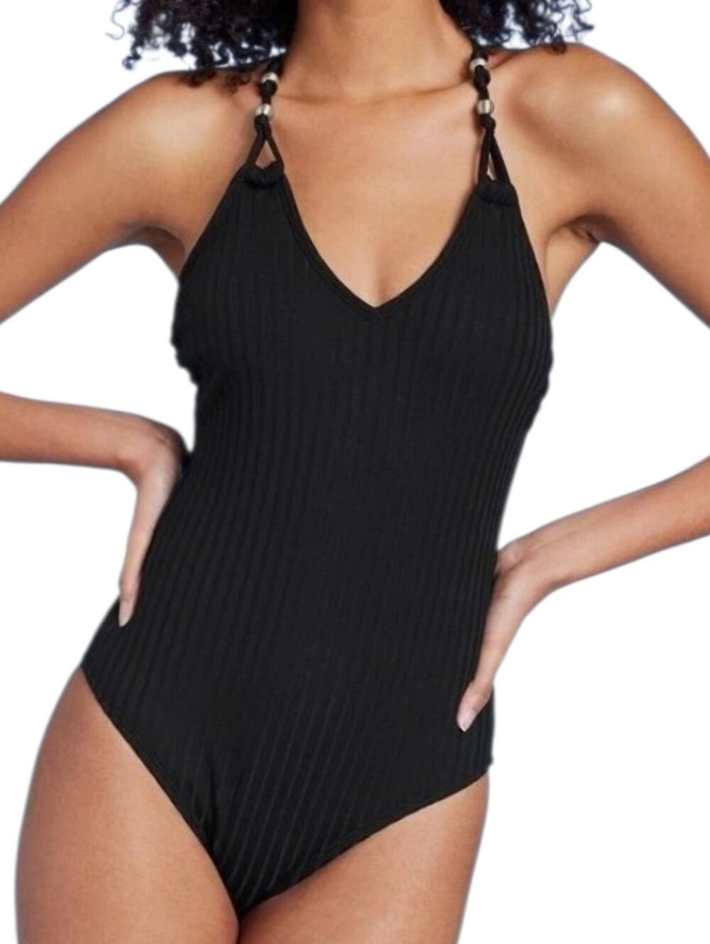 Shade & Shore Black Ribbed V-Neck One-Piece Swimsuit w/ Beaded Accents NWT